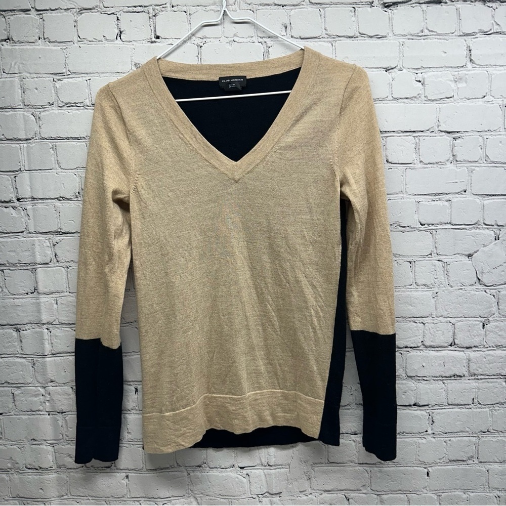 Club MΓ³naco ITALIAN YARN V-Neck Sweater in Cream and Black 100% wool SZ XS